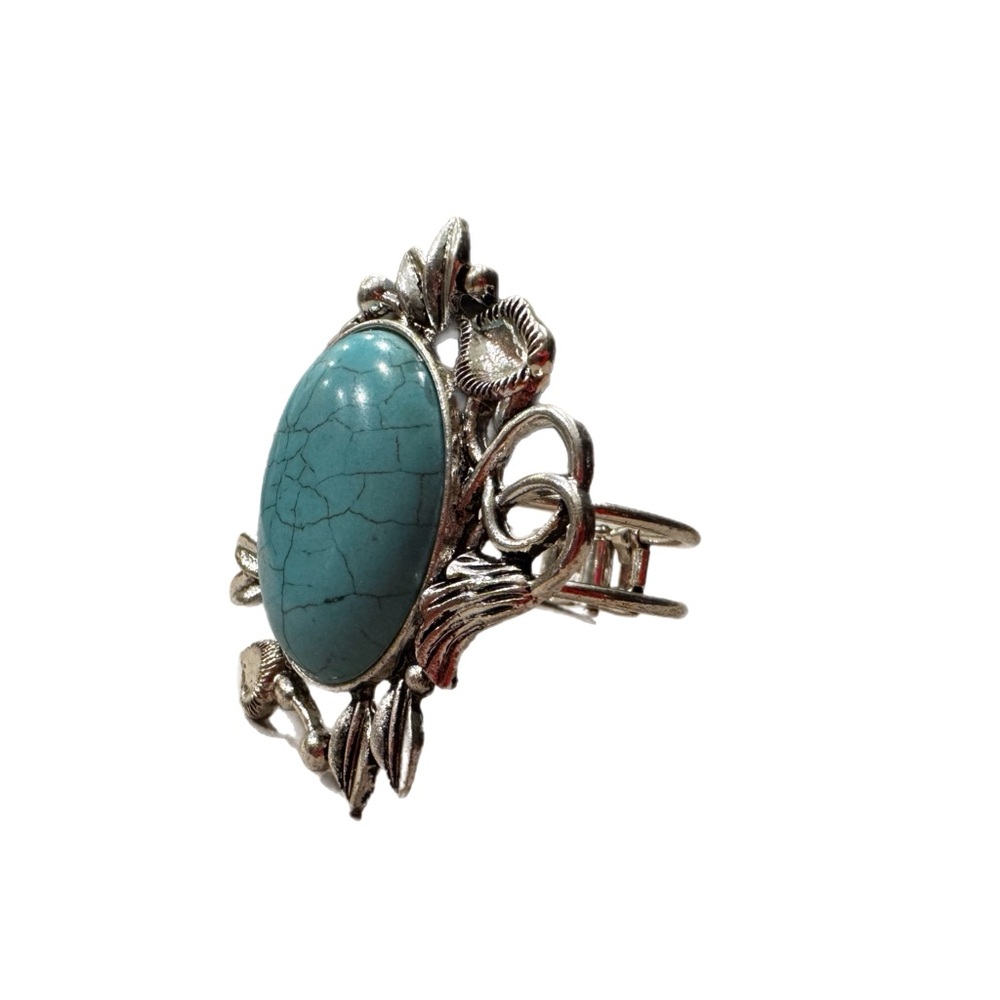 Vintage Southwestern Style Silver Tone Faux Turquoise Floral Cuff Bracelet - Picture 3 of 6